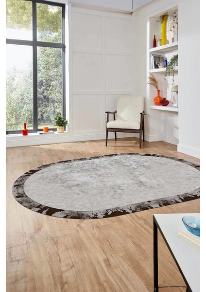 Düz Renk Sade Desen Çerçeveli Kaymaz Taban Yıkanabilir Oval Yolluk Salon Halısı, O-Sade-36-Kahve, modelleri