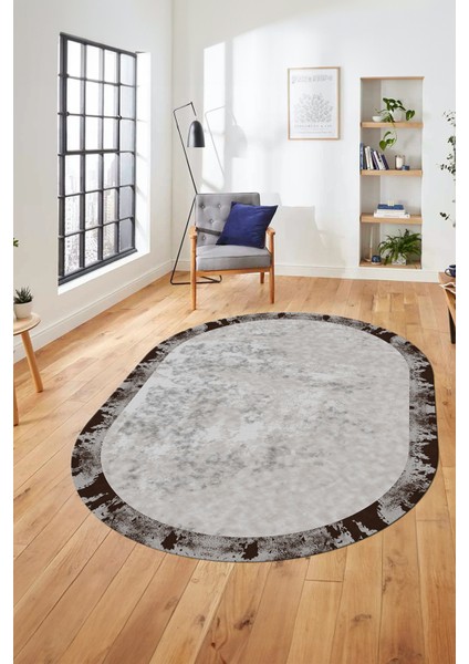 Düz Renk Sade Desen Çerçeveli Kaymaz Taban Yıkanabilir Oval Yolluk Salon Halısı, O-Sade-36-Kahve, fırsatları