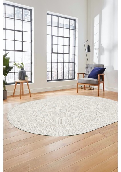 Baskılı Kaymaz Taban Yıkanabilir Sade Düz Desen Oval Yolluk Mutfak Salon Halısı, O-Sade-10-Krem,