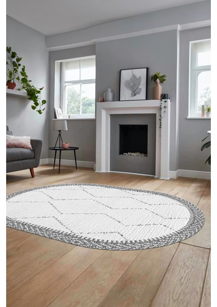 Baskılı Kaymaz Taban Yıkanabilir Sade Kilim Desen Oval Yolluk Salon Halısı, O-Sade-17-Gri,