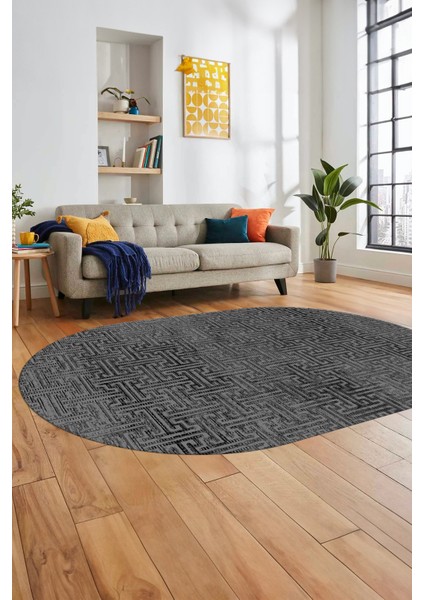 Dijital Baskı Kaymaz Yıkanabilir Sade Düz Desen Oval Yolluk Mutfak Salon Halısı, O-Sade-38-Gri,