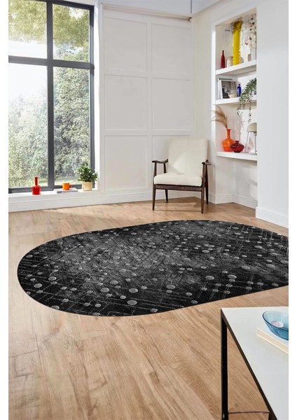 Dijital Baskı Kaymaz Yıkanabilir Sade 3D Oval Yolluk Koridor Salon Halısı, O-Sade-48-Antrasit,