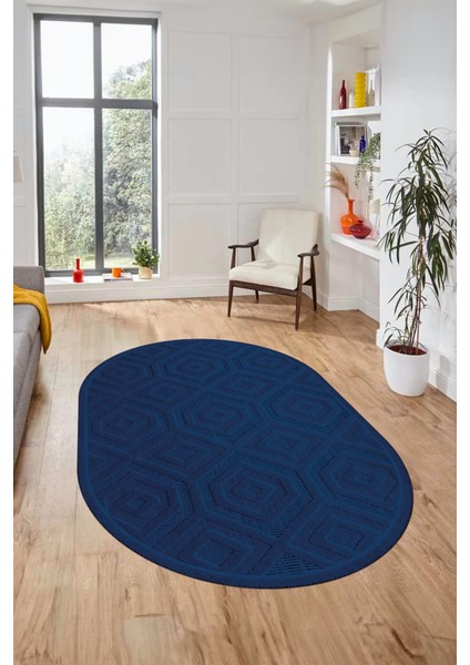 Düz Renk Sade Desen Motifli Kaymaz Taban Yıkanabilir Oval Yolluk Salon Halısı, O-Sade-26-Mavi, fırsatları