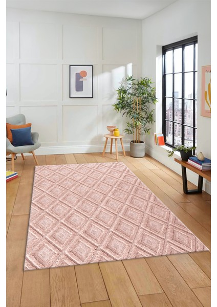 Sade Baklava Desen Motifli Kaymaz Taban Yıkanabilir Yolluk Salon Halısı, Sade-28-Pembe, indirimleri