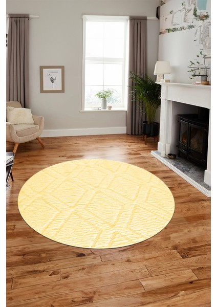 Dijital Kaymaz Taban Yıkanabilir Kilim Desen Yuvarlak Mutfak Salon Halısı, Y-Sade-02-Sarı,