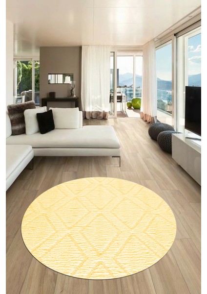 Dijital Kaymaz Taban Yıkanabilir Kilim Desen Yuvarlak Mutfak Salon Halısı, Y-Sade-02-Sarı,