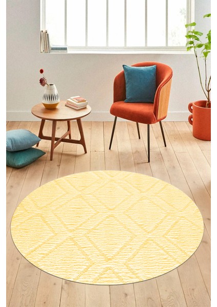 Dijital Kaymaz Taban Yıkanabilir Kilim Desen Yuvarlak Mutfak Salon Halısı, Y-Sade-02-Sarı,