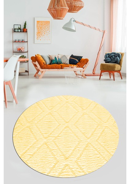 Dijital Kaymaz Taban Yıkanabilir Kilim Desen Yuvarlak Mutfak Salon Halısı, Y-Sade-02-Sarı,