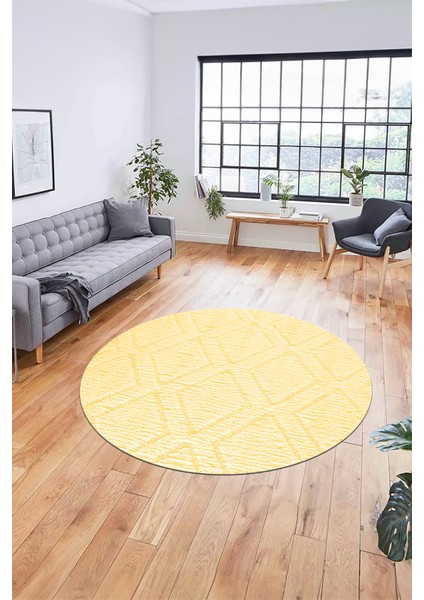 Dijital Kaymaz Taban Yıkanabilir Kilim Desen Yuvarlak Mutfak Salon Halısı, Y-Sade-02-Sarı,