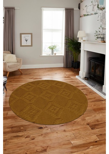 Dijital Kaymaz Taban Yıkanabilir Şık Kilim Desen Yuvarlak Mutfak Salon Halısı, Y-Sade-03-Kahve,