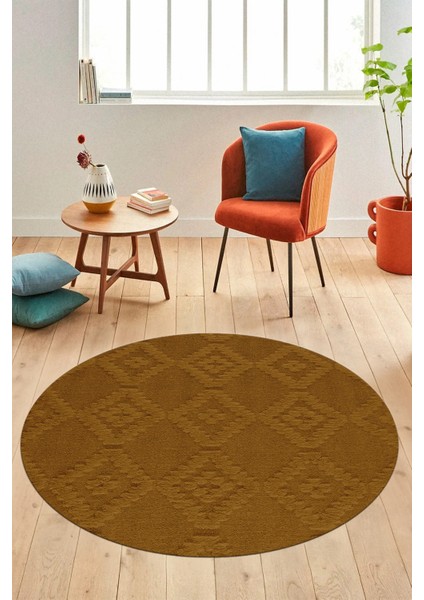 Dijital Kaymaz Taban Yıkanabilir Şık Kilim Desen Yuvarlak Mutfak Salon Halısı, Y-Sade-03-Kahve, modelleri