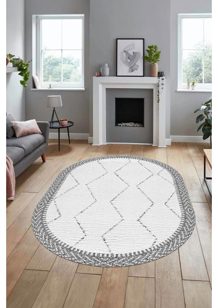 Baskılı Kaymaz Taban Yıkanabilir Sade Kilim Desen Oval Yolluk Salon Halısı, O-Sade-17-Gri,