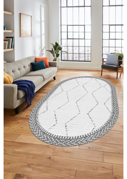 Baskılı Kaymaz Taban Yıkanabilir Sade Kilim Desen Oval Yolluk Salon Halısı, O-Sade-17-Gri,