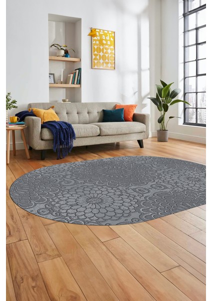 Düz Renk Sade Motifli Dijital Kaymaz Taban Yıkanabilir Oval Yolluk Salon Halısı, O-Sade-34-Gri,