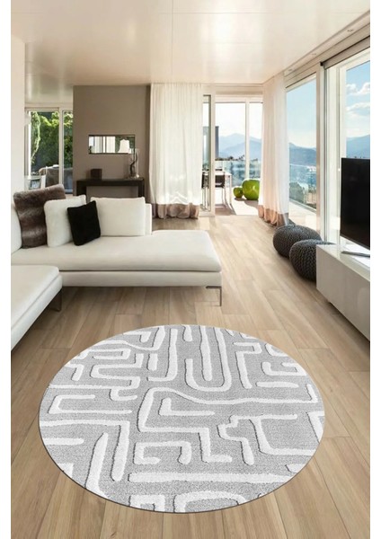 Dijital Kaymaz Taban Yıkanabilir Sade Düz Desen Yuvarlak Mutfak Salon Halısı, Y-Sade-09-Gri,