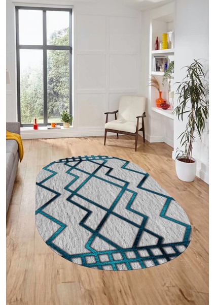 Dijital Baskı Kaymaz Yıkanabilir Sade Tasarım Oval Yolluk Mutfak Salon Halısı, O-Sade-42-Mavi,