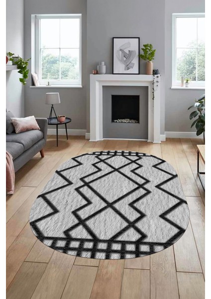 Dijital Baskı Kaymaz Yıkanabilir Sade Tasarım Oval Yolluk Mutfak Salon Halısı, O-Sade-42-Siyah, indirimleri