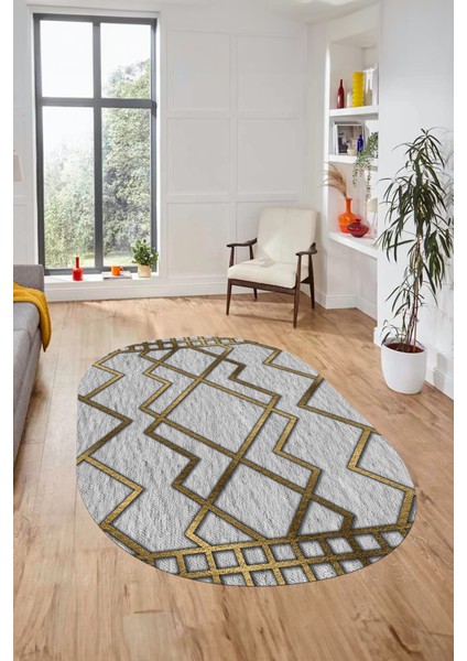 Dijital Baskı Kaymaz Yıkanabilir Sade Tasarım Oval Yolluk Mutfak Salon Halısı, O-Sade-42-Gold,
