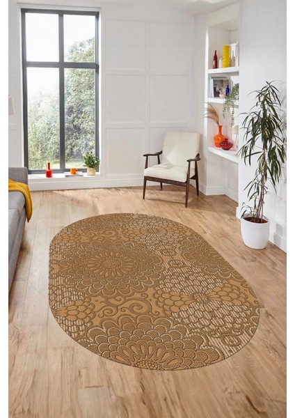 Düz Renk Sade Motifli Dijital Kaymaz Taban Yıkanabilir Oval Yolluk Salon Halısı, O-Sade-34-Kahve, fiyatları