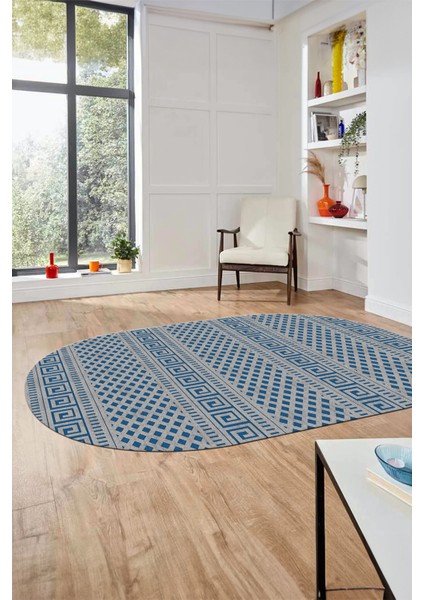 Kilim Desenli Dijital Kaymaz Yıkanabilir Sade Oval Yolluk Koridor Salon Halısı, O-Sade-21-Mavi,