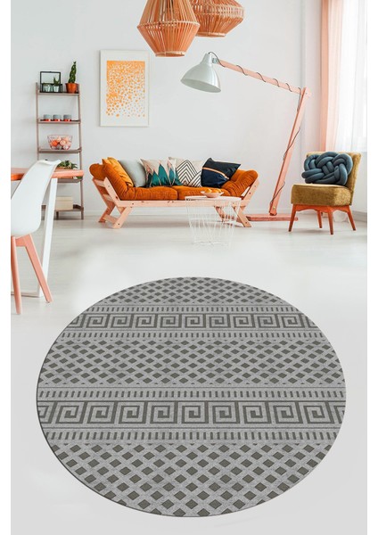 Kilim Desenli Dijital Kaymaz Yıkanabilir Sade Yuvarlak Mutfak Salon Halısı, Y-Sade-21-Gri,