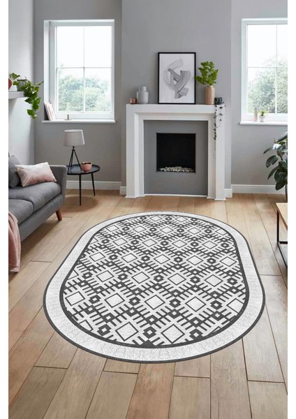 Kilim Desenli Dijital Kaymaz Yıkanabilir Sade Oval Yolluk Koridor Salon Halısı, O-Sade-19-Beyaz,