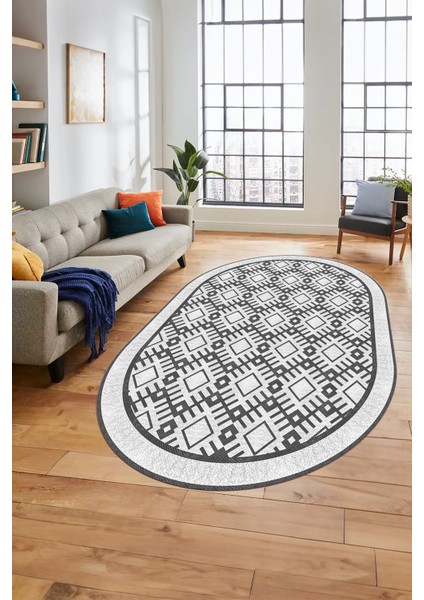 Kilim Desenli Dijital Kaymaz Yıkanabilir Sade Oval Yolluk Koridor Salon Halısı, O-Sade-19-Beyaz,