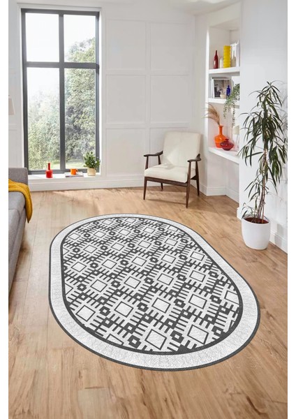 Kilim Desenli Dijital Kaymaz Yıkanabilir Sade Oval Yolluk Koridor Salon Halısı, O-Sade-19-Beyaz,