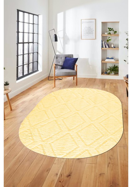 Baskılı Kaymaz Taban Yıkanabilir Kilim Desen Oval Yolluk Mutfak Salon Halısı, O-Sade-02-Sarı,