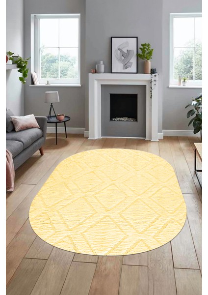 Baskılı Kaymaz Taban Yıkanabilir Kilim Desen Oval Yolluk Mutfak Salon Halısı, O-Sade-02-Sarı,