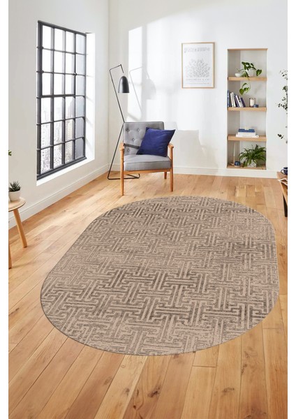 Dijital Baskı Kaymaz Yıkanabilir Sade Düz Desen Oval Yolluk Mutfak Salon Halısı, O-Sade-38-Bej,