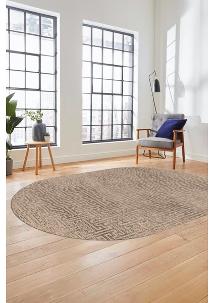 Dijital Baskı Kaymaz Yıkanabilir Sade Düz Desen Oval Yolluk Mutfak Salon Halısı, O-Sade-38-Bej,