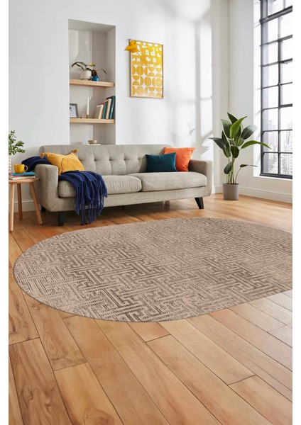 Dijital Baskı Kaymaz Yıkanabilir Sade Düz Desen Oval Yolluk Mutfak Salon Halısı, O-Sade-38-Bej,