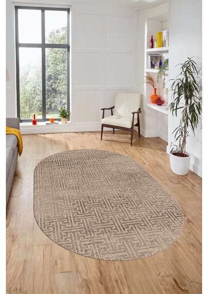 Dijital Baskı Kaymaz Yıkanabilir Sade Düz Desen Oval Yolluk Mutfak Salon Halısı, O-Sade-38-Bej,