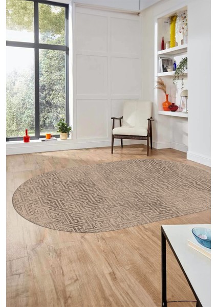 Dijital Baskı Kaymaz Yıkanabilir Sade Düz Desen Oval Yolluk Mutfak Salon Halısı, O-Sade-38-Bej,