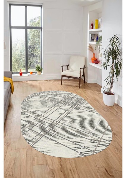 Dijital Baskı Kaymaz Yıkanabilir Sade Çizgili Oval Yolluk Mutfak Salon Halısı, O-Sade-39-Krem,