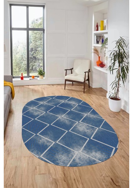 Dijital Baskı Kaymaz Yıkanabilir Sade Şık Motifli Oval Yolluk Mutfak Salon Halısı, O-Sade-41-Mavi,