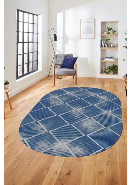 Dijital Baskı Kaymaz Yıkanabilir Sade Şık Motifli Oval Yolluk Mutfak Salon Halısı, O-Sade-41-Mavi,