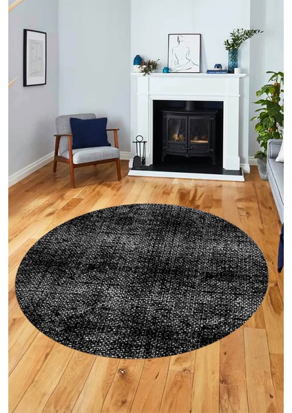 Düz Renk Sade Desenli Dijital Kaymaz Taban Yıkanabilir Yuvarlak Salon Halısı, Y-Sade-35-Siyah,