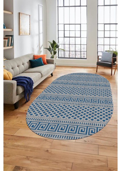 Kilim Desenli Dijital Kaymaz Yıkanabilir Sade Oval Yolluk Koridor Salon Halısı, O-Sade-21-Mavi,