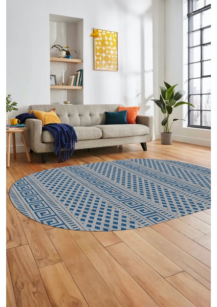 Kilim Desenli Dijital Kaymaz Yıkanabilir Sade Oval Yolluk Koridor Salon Halısı, O-Sade-21-Mavi,