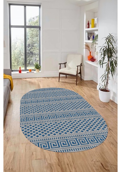 Kilim Desenli Dijital Kaymaz Yıkanabilir Sade Oval Yolluk Koridor Salon Halısı, O-Sade-21-Mavi,