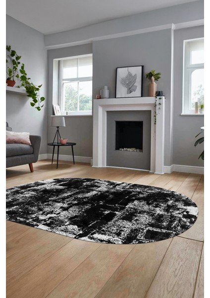 Düz Renk Sade Desen Dijital Kaymaz Taban Yıkanabilir Oval Yolluk Salon Halısı, O-Sade-25-Siyah,
