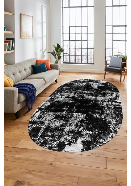 Düz Renk Sade Desen Dijital Kaymaz Taban Yıkanabilir Oval Yolluk Salon Halısı, O-Sade-25-Siyah, fiyatları