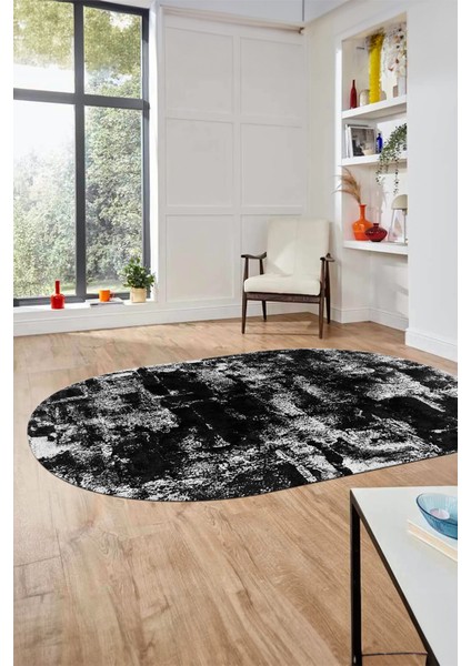 Düz Renk Sade Desen Dijital Kaymaz Taban Yıkanabilir Oval Yolluk Salon Halısı, O-Sade-25-Siyah, indirimleri