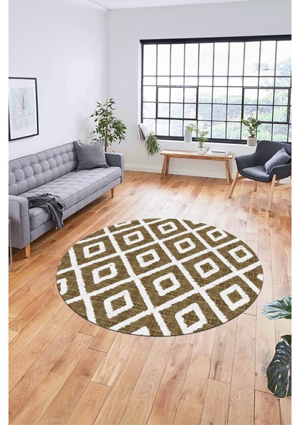 Sade Baklava Desen Motifli Kaymaz Taban Yıkanabilir Yuvarlak Salon Halısı, Y-Sade-27-Kahve,