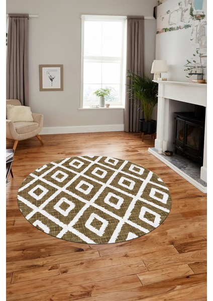 Sade Baklava Desen Motifli Kaymaz Taban Yıkanabilir Yuvarlak Salon Halısı, Y-Sade-27-Kahve, indirimleri