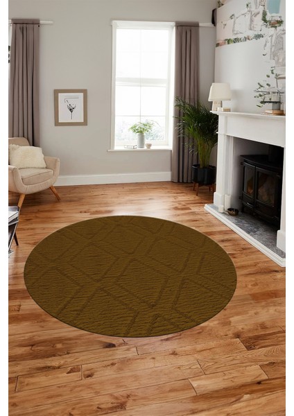 Dijital Kaymaz Taban Yıkanabilir Kilim Desen Yuvarlak Mutfak Salon Halısı, Y-Sade-02-Kahve,