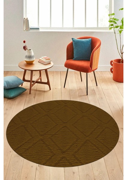 Dijital Kaymaz Taban Yıkanabilir Kilim Desen Yuvarlak Mutfak Salon Halısı, Y-Sade-02-Kahve,