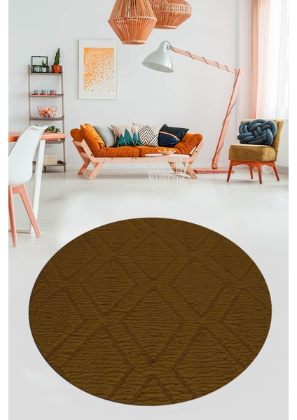 Dijital Kaymaz Taban Yıkanabilir Kilim Desen Yuvarlak Mutfak Salon Halısı, Y-Sade-02-Kahve,